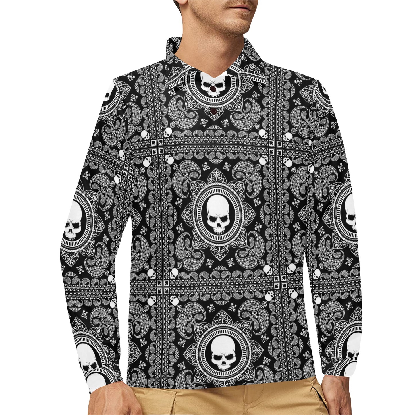 Bandana Skull Print Design LKS303 Long Sleeve Polo Shirt For Men's