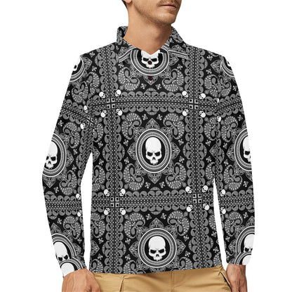 Bandana Skull Print Design LKS303 Long Sleeve Polo Shirt For Men's