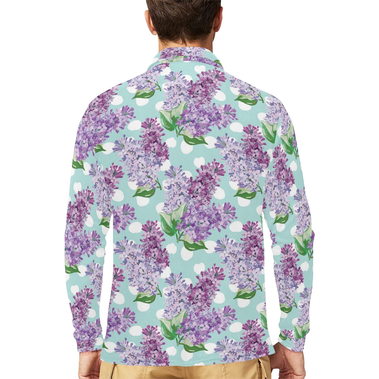Lilac Pattern Print Design 02 Long Sleeve Polo Shirt For Men's