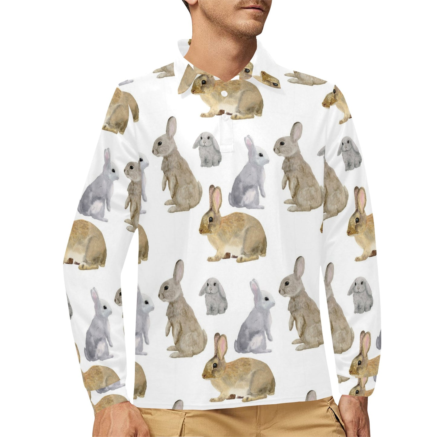 Rabbit Pattern Print Design 02 Long Sleeve Polo Shirt For Men's