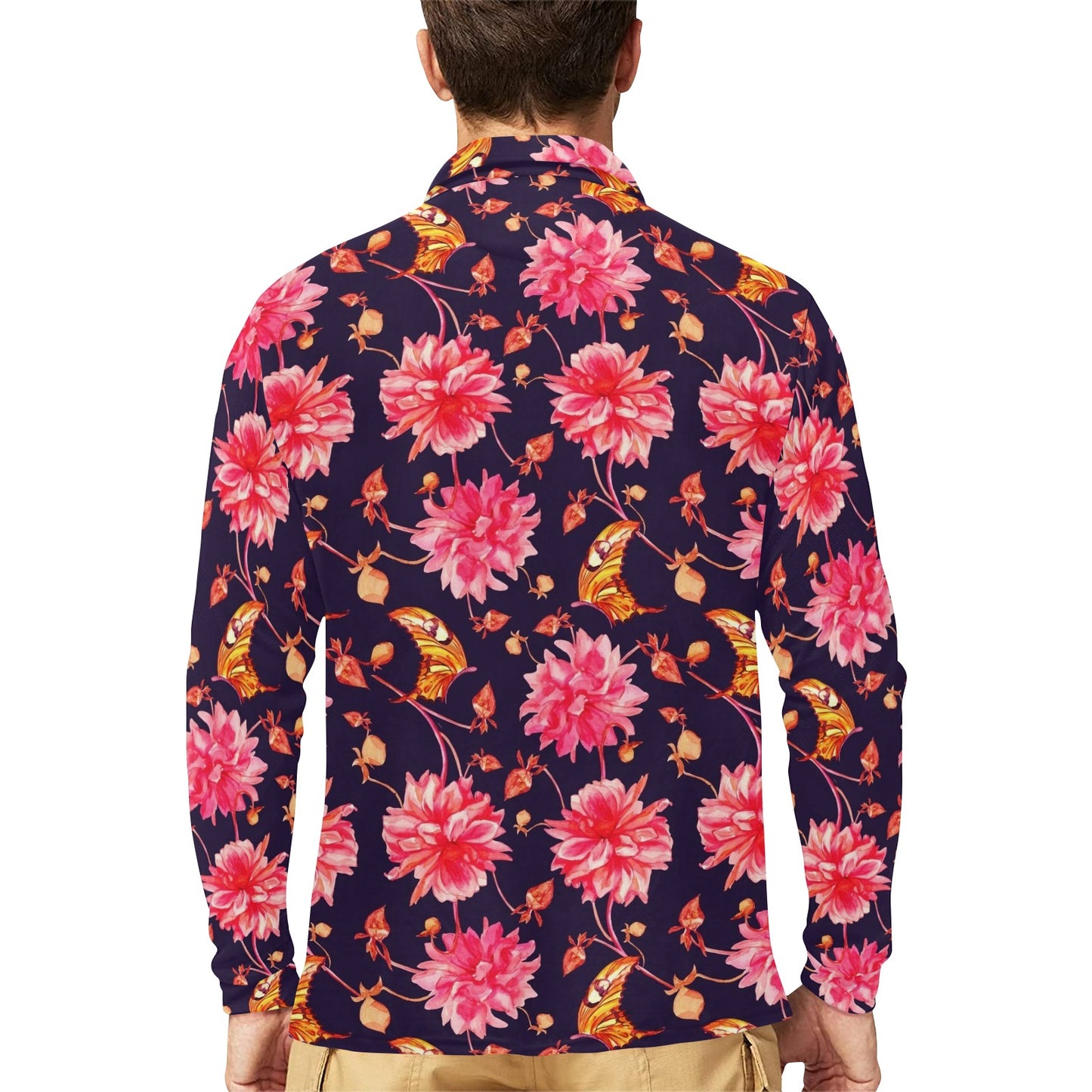 Dahlia Pattern Print Design DH03 Long Sleeve Polo Shirt For Men's