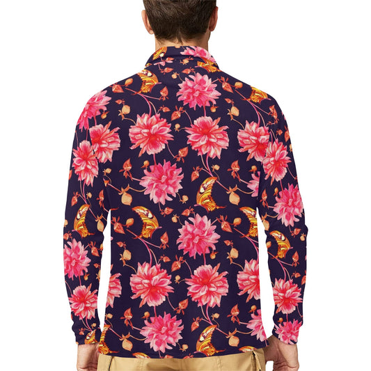 Dahlia Pattern Print Design DH03 Long Sleeve Polo Shirt For Men's