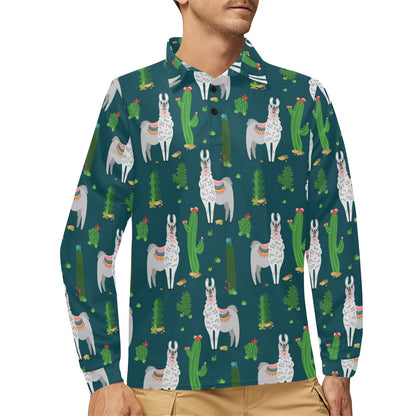 Llama Cactus Pattern Print Design 013 Long Sleeve Polo Shirt For Men's