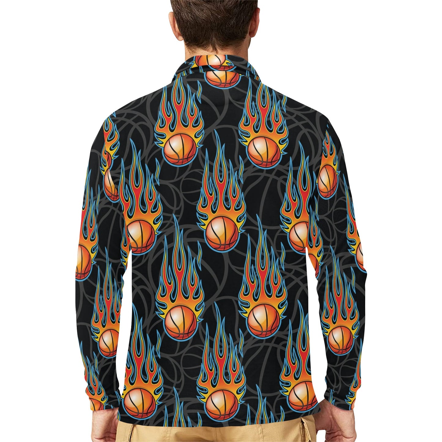 Basketball Fire Print Pattern Long Sleeve Polo Shirt For Men's