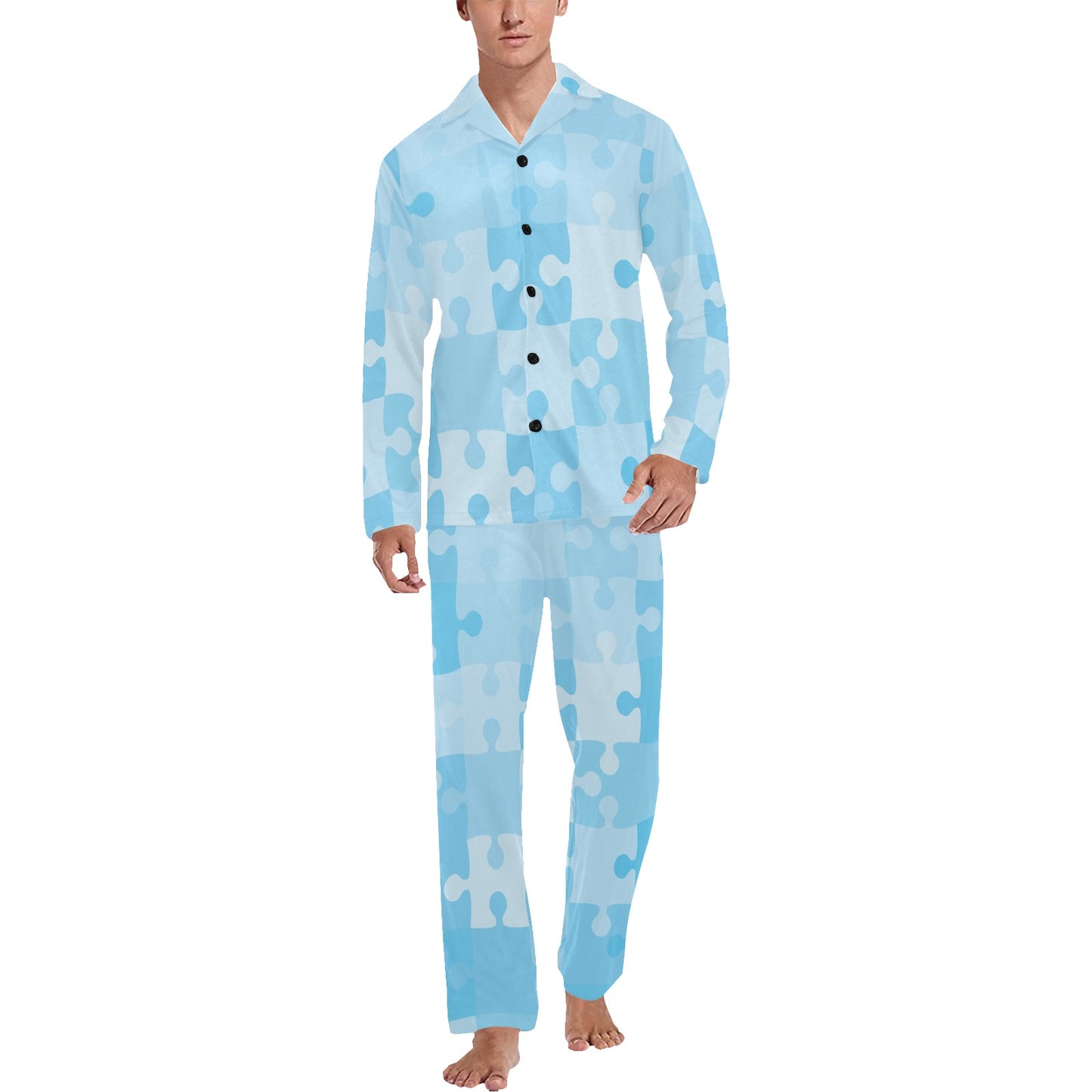 Puzzle Blue Pattern Print Design A04 Men's Long Pajama Set