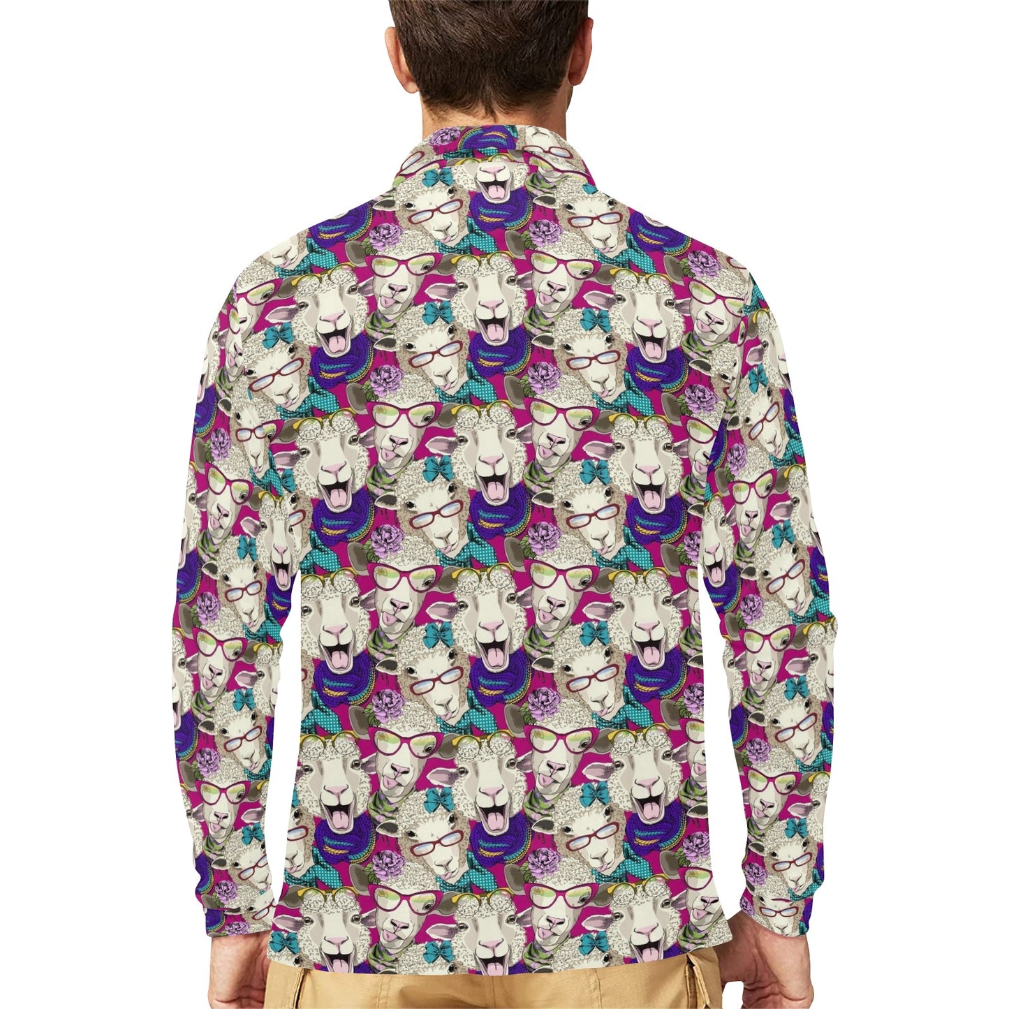 Sheep Print Design LKS403 Long Sleeve Polo Shirt For Men's