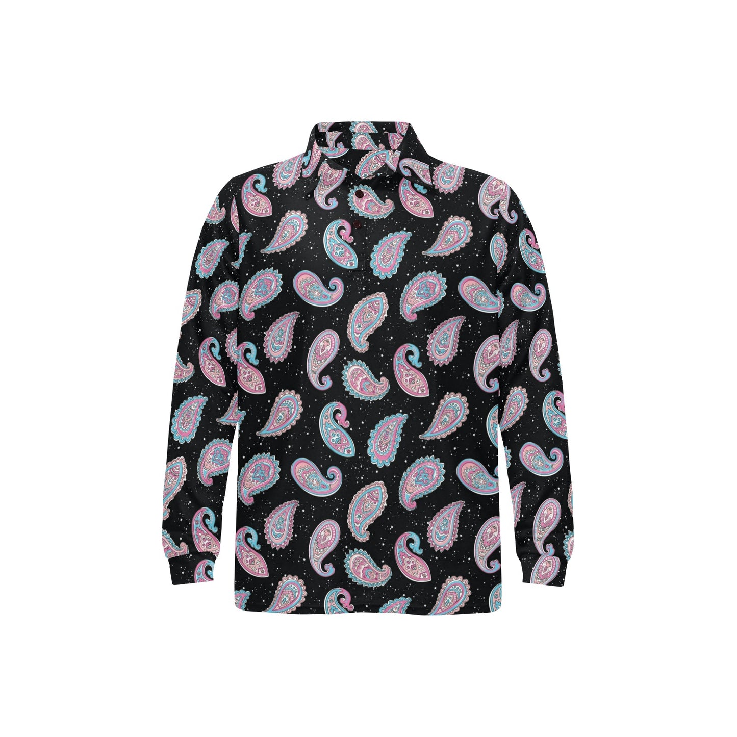 Paisley Pink Design Mandala Print Long Sleeve Polo Shirt For Men's
