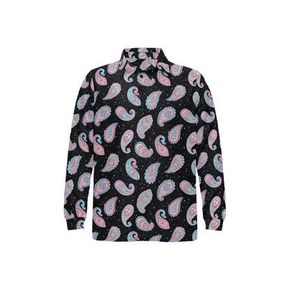 Paisley Pink Design Mandala Print Long Sleeve Polo Shirt For Men's