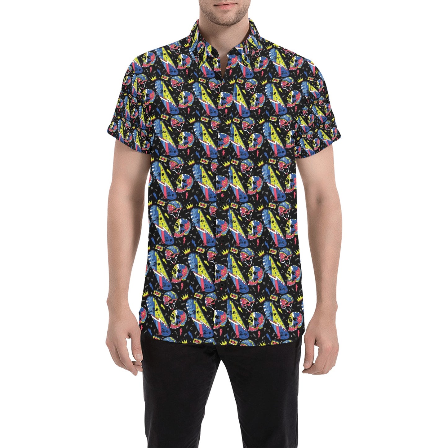 Skateboard Print Design LKS304 Men Short Sleeve Button Up Shirt