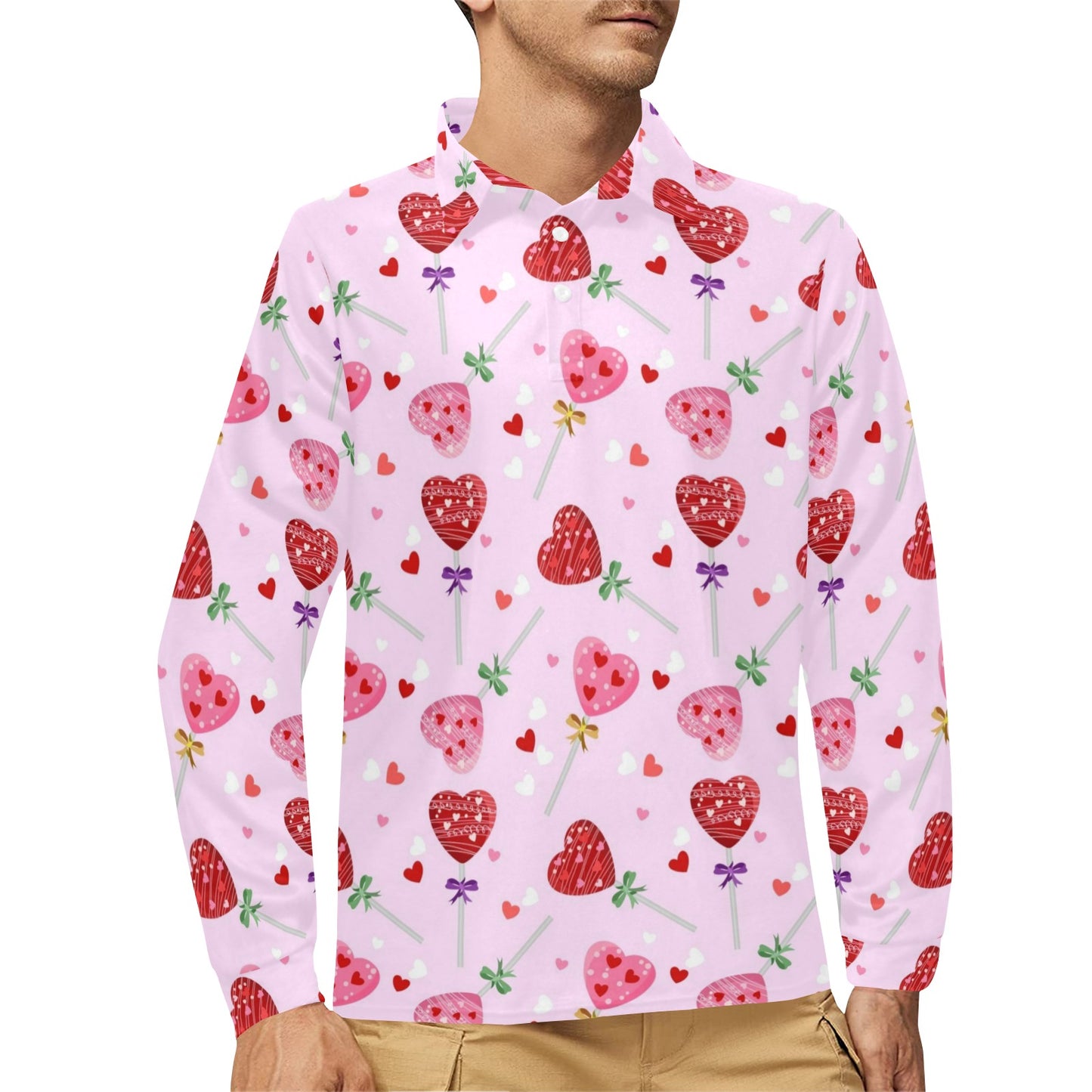 Lollipop Pattern Print Design LL07 Long Sleeve Polo Shirt For Men's