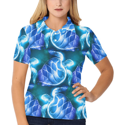 Blue Neon Sea Turtle Print Women's Polo Shirt