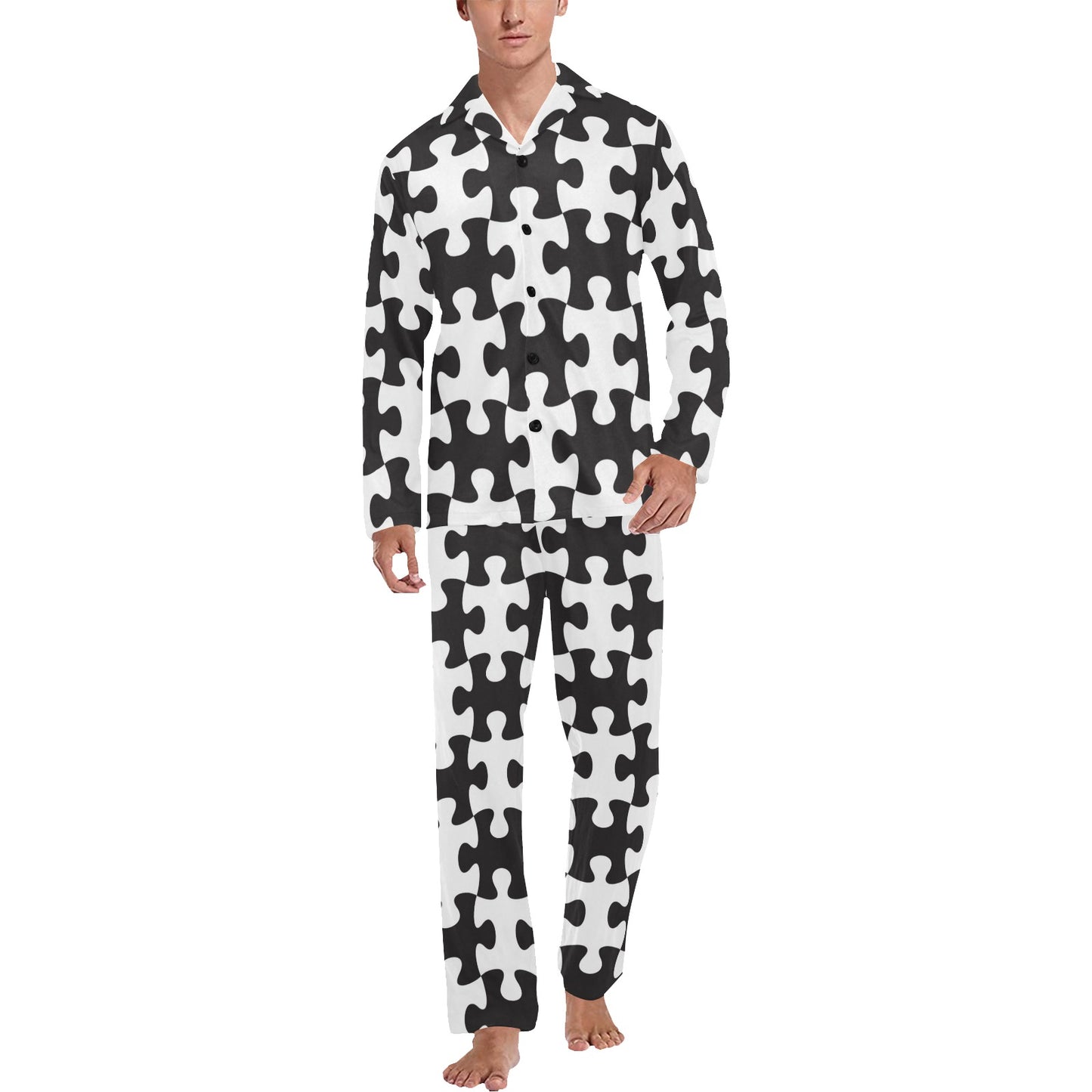 Puzzle Black White Pattern Print Design A02 Men's Long Pajama Set