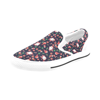 Santa Christmas Themed Print Design LKS304 White Slip Ons Canvas Women's Shoes