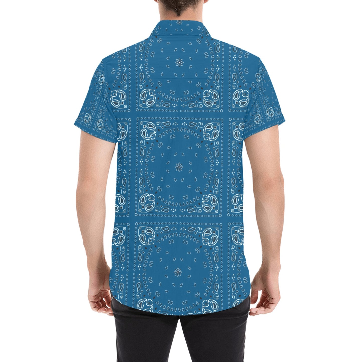 Bandana Blue Print Design LKS301 Men Short Sleeve Button Up Shirt