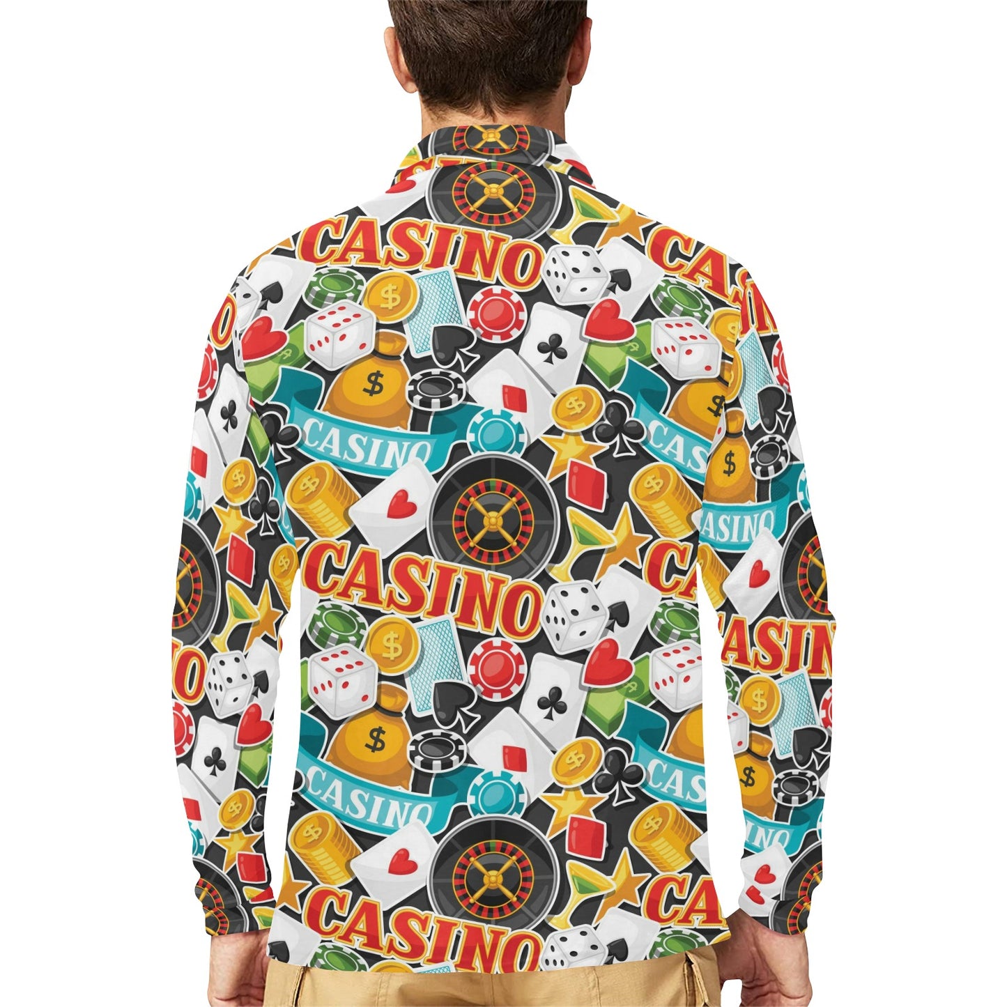 Casino Pattern Print Design 03 Long Sleeve Polo Shirt For Men's