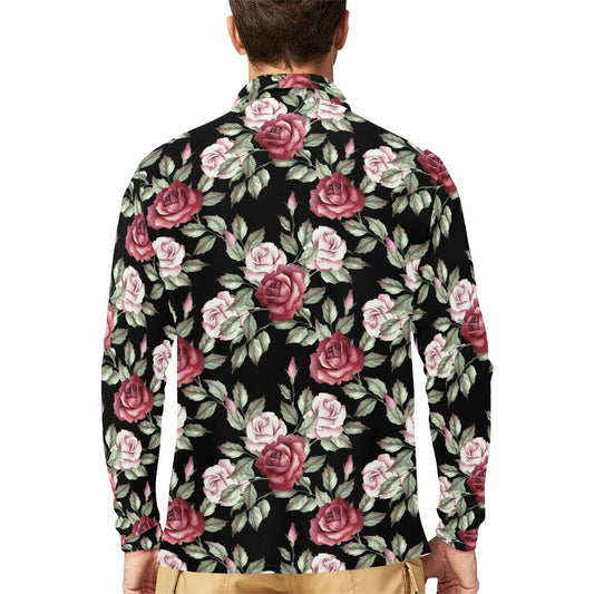 Rose Red Pink Pattern Print Design RO03 Long Sleeve Polo Shirt For Men's