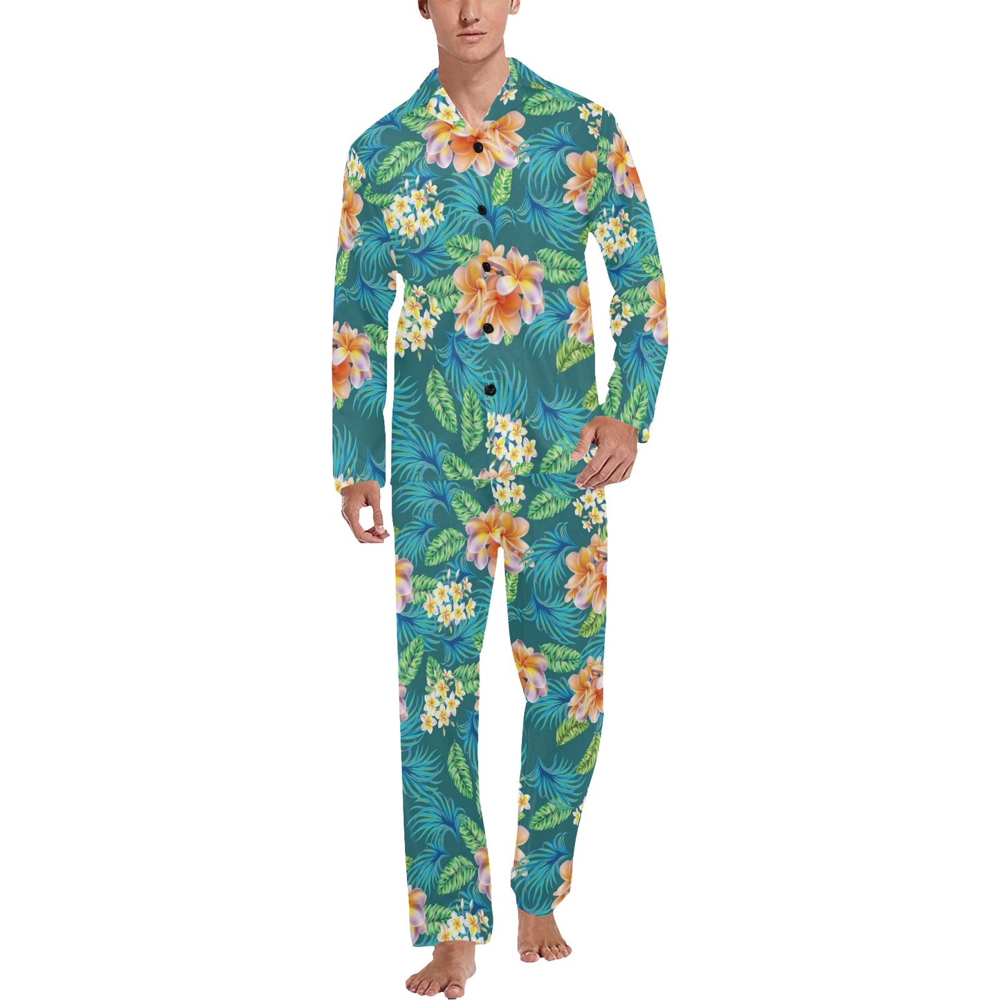 Plumeria Tropical Flower Design Print Men's Long Pajama Set