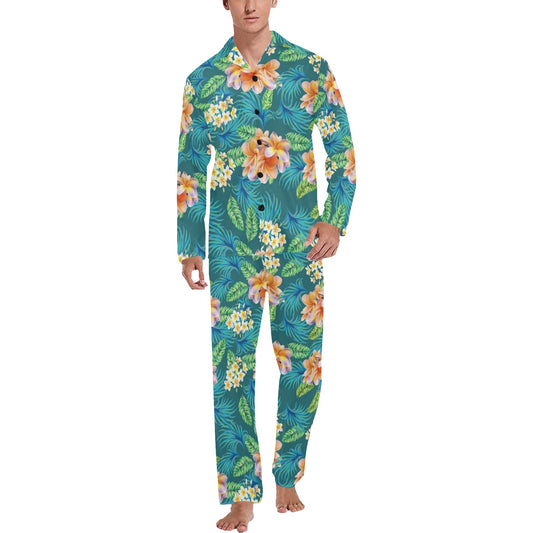 Plumeria Tropical Flower Design Print Men's Long Pajama Set