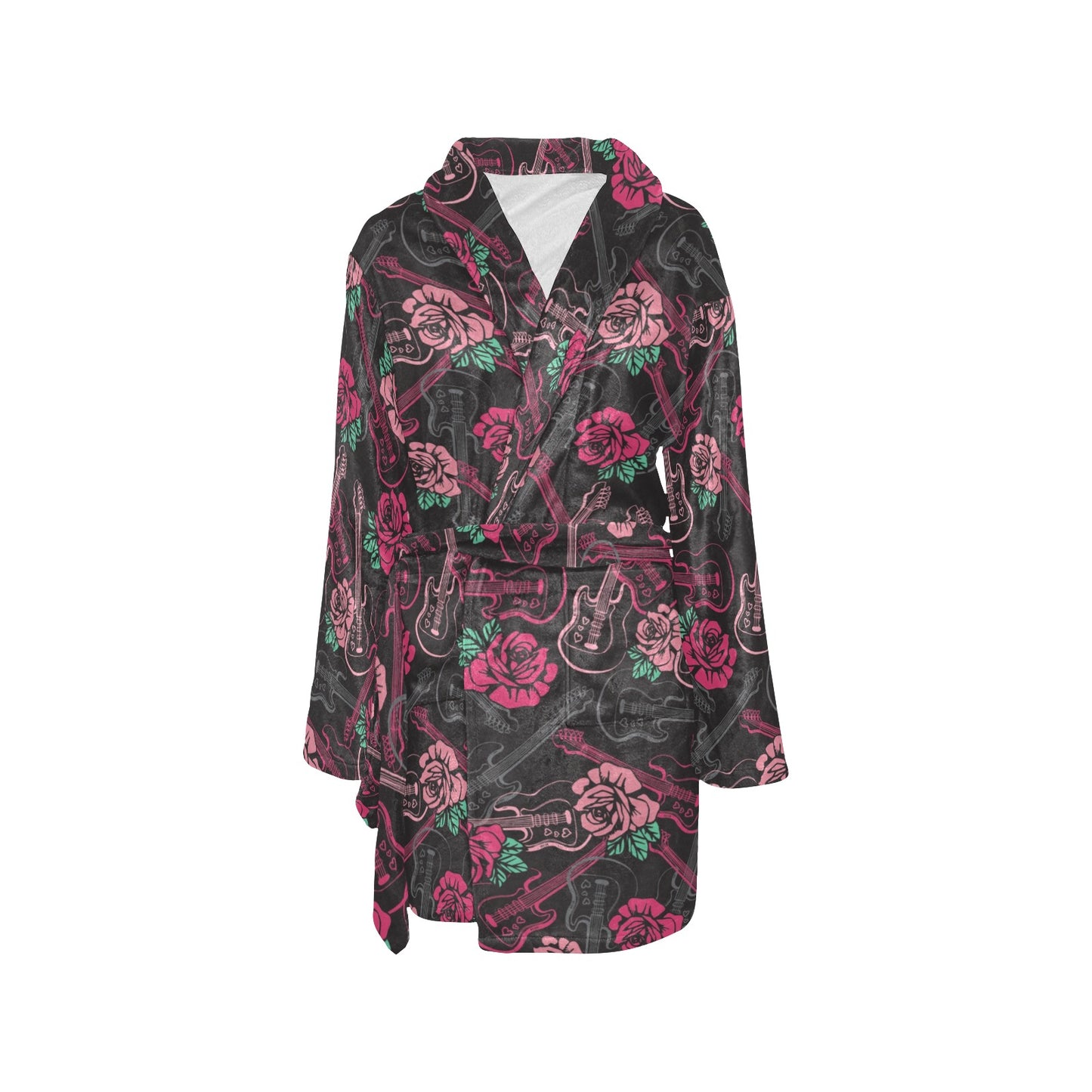 Bass Guitar Pink Rose Pattern Print Design 01 Women's Fleece Robe