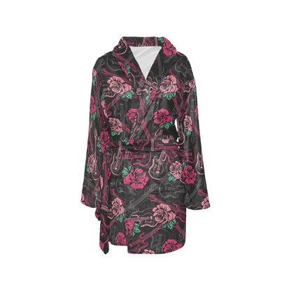 Bass Guitar Pink Rose Pattern Print Design 01 Women's Fleece Robe