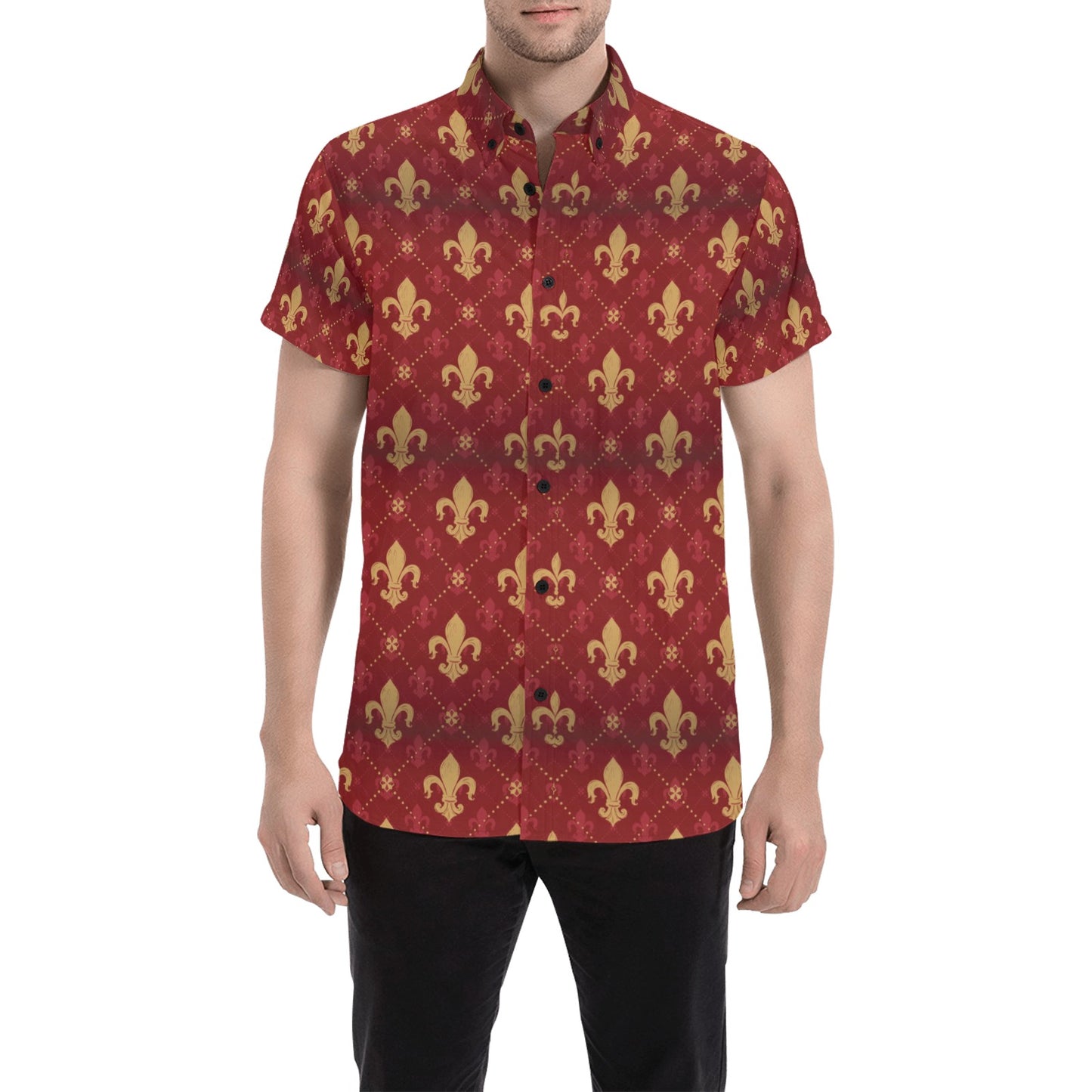 Fleur De Lis Print Design LKS401 Men Short Sleeve Button Up Shirt