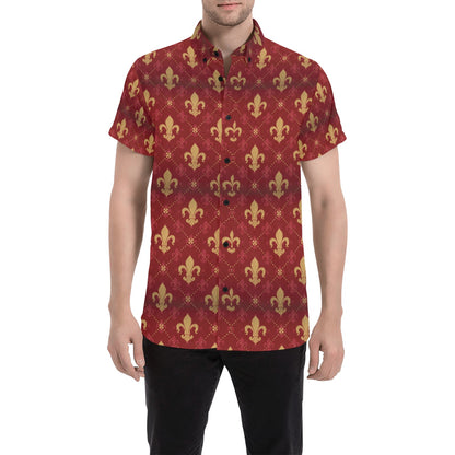 Fleur De Lis Print Design LKS401 Men Short Sleeve Button Up Shirt