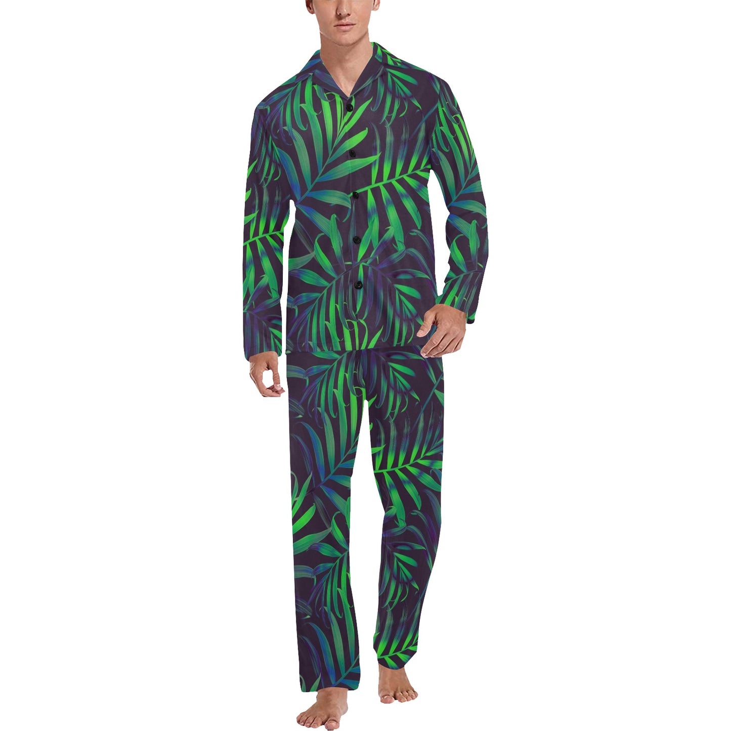 Palm Leaves Pattern Print Design PL01 Men's Long Pajama Set