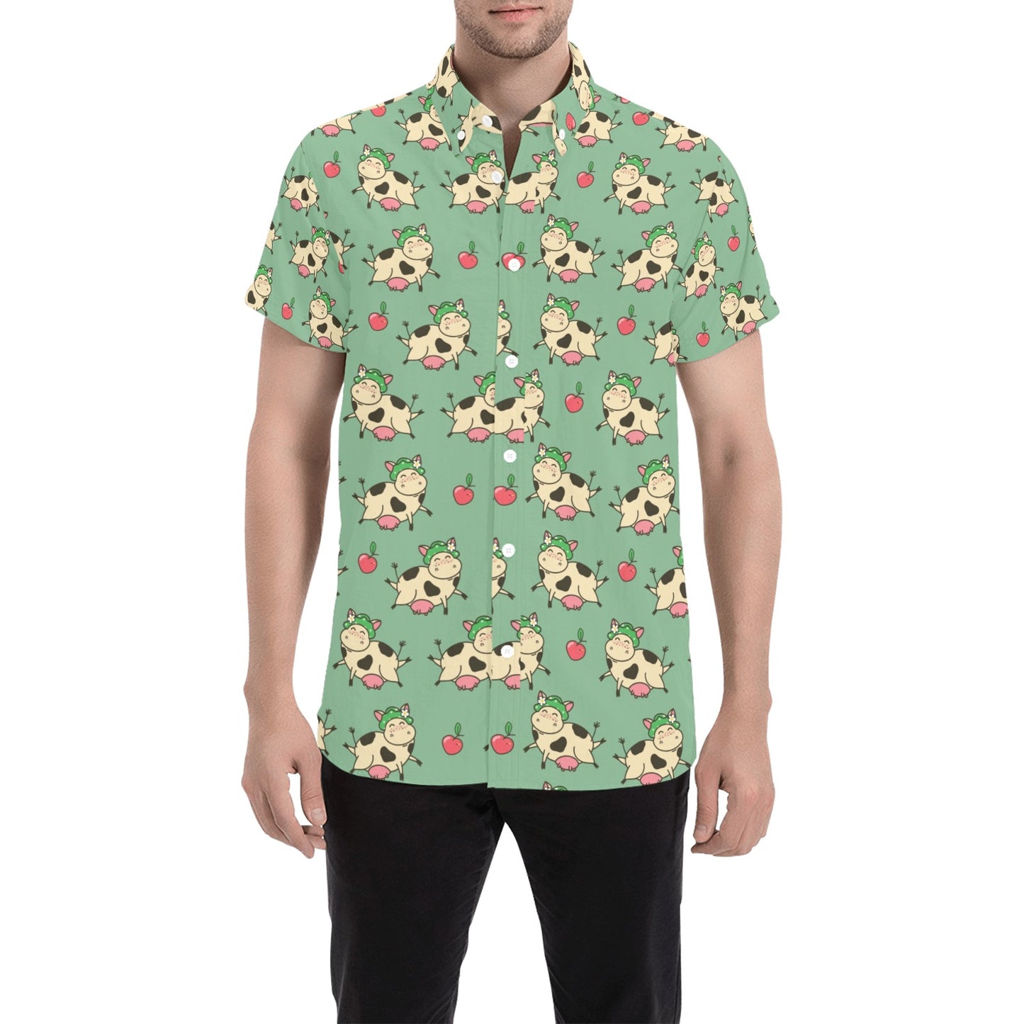 Cattle Print Design LKS402 Men Short Sleeve Button Up Shirt