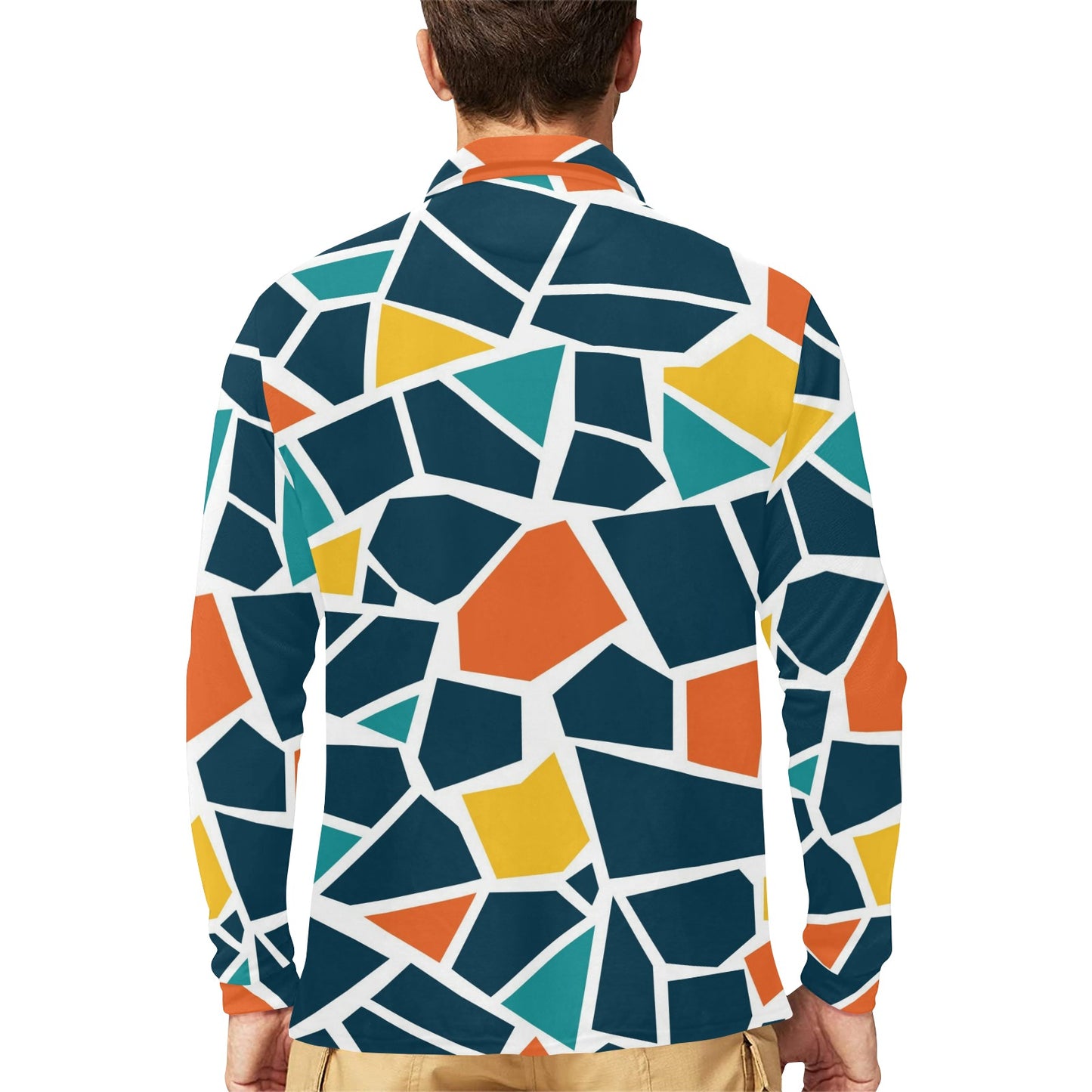 Mosaic Pattern Print Design 02 Long Sleeve Polo Shirt For Men's