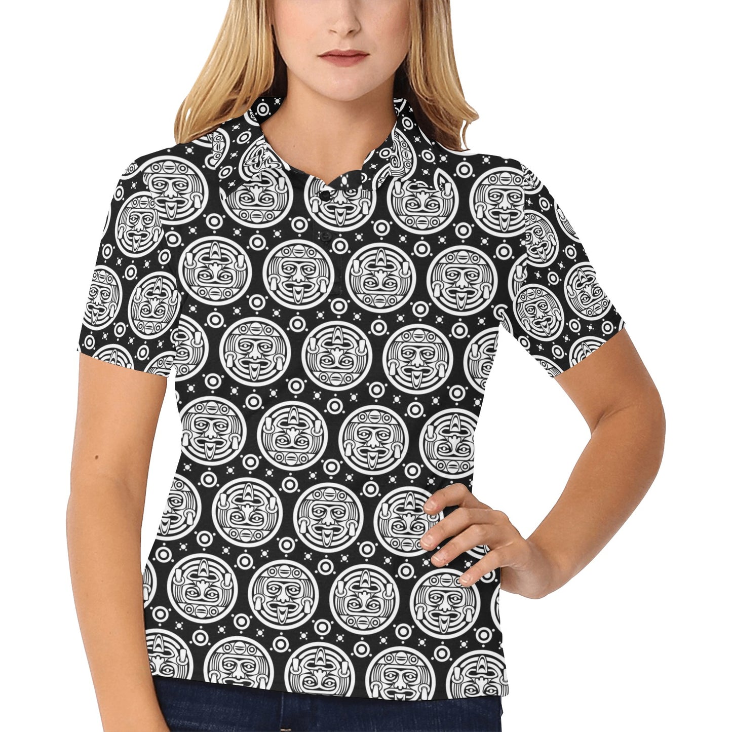 Calendar Aztec White Black Print Pattern Women's Polo Shirt