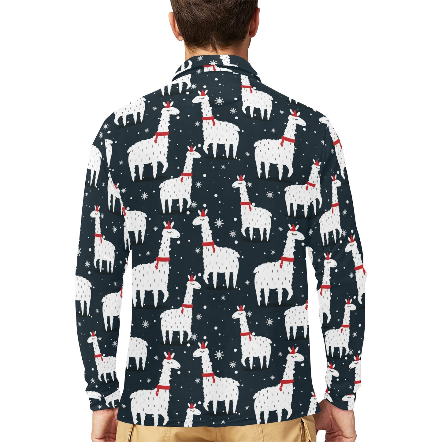 Alpaca Pattern Print Design 04 Long Sleeve Polo Shirt For Men's