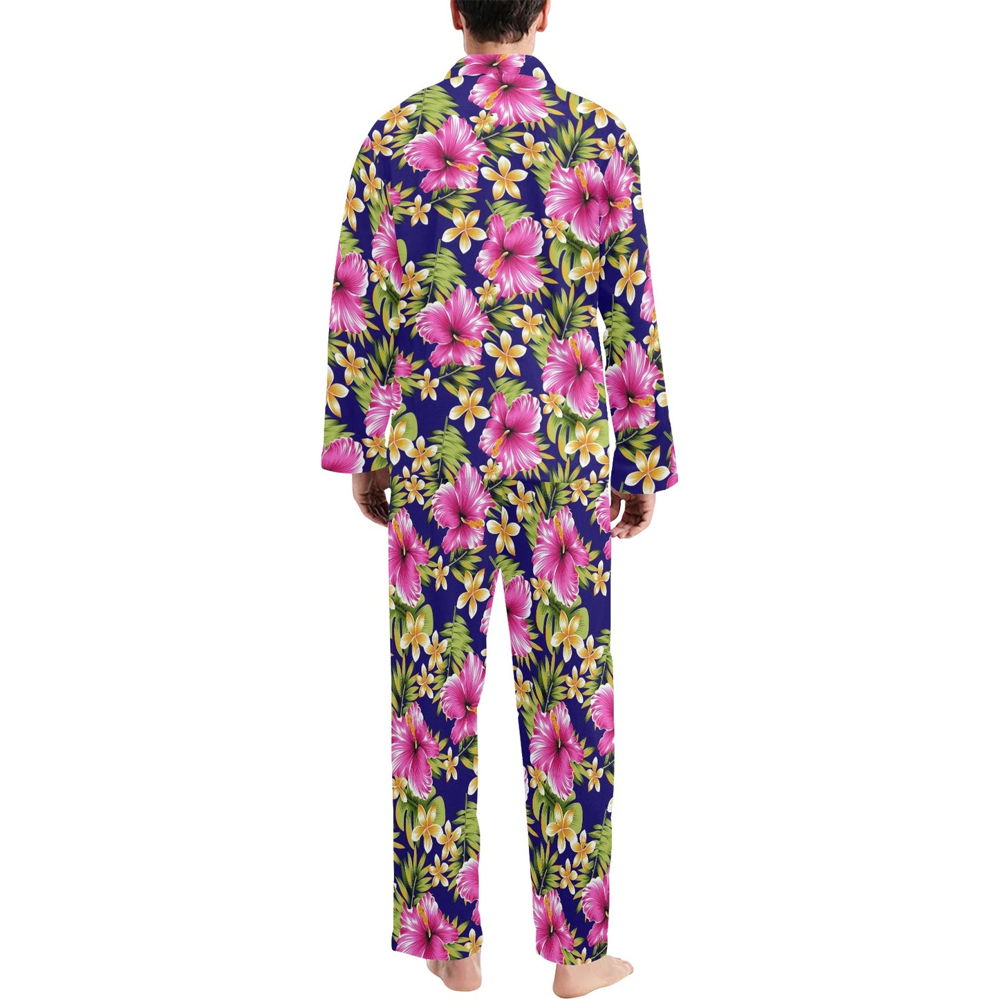 Pink Hibiscus Pattern Print Design HB027 Men's Long Pajama Set