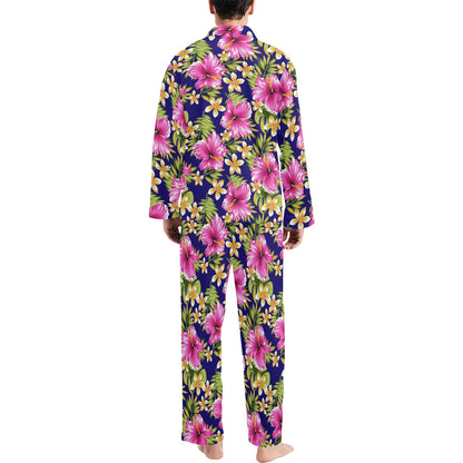Pink Hibiscus Pattern Print Design HB027 Men's Long Pajama Set