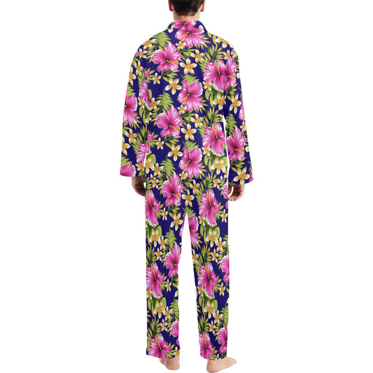 Pink Hibiscus Pattern Print Design HB027 Men's Long Pajama Set