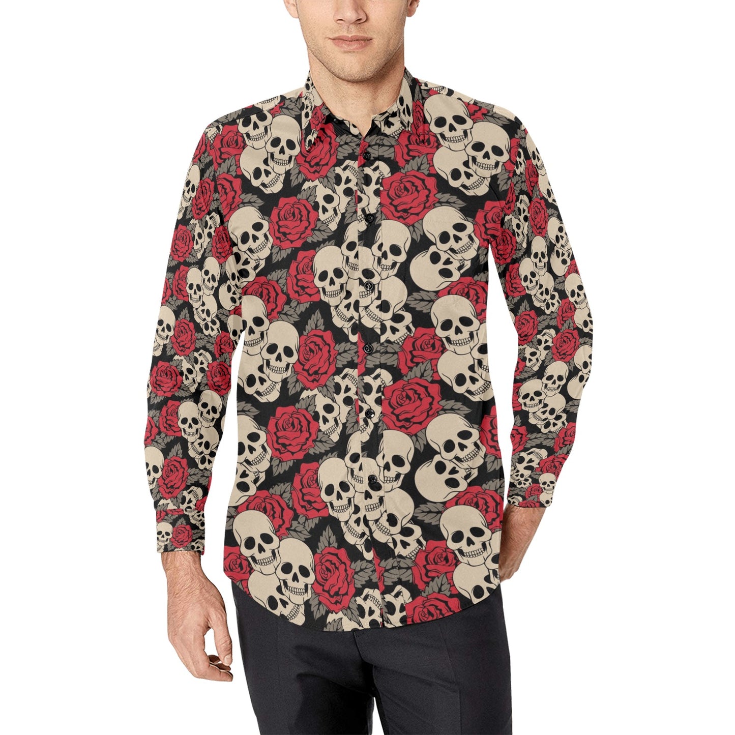 Skull And Roses Print Design LKS301 Men's Long Sleeve Dress Shirt