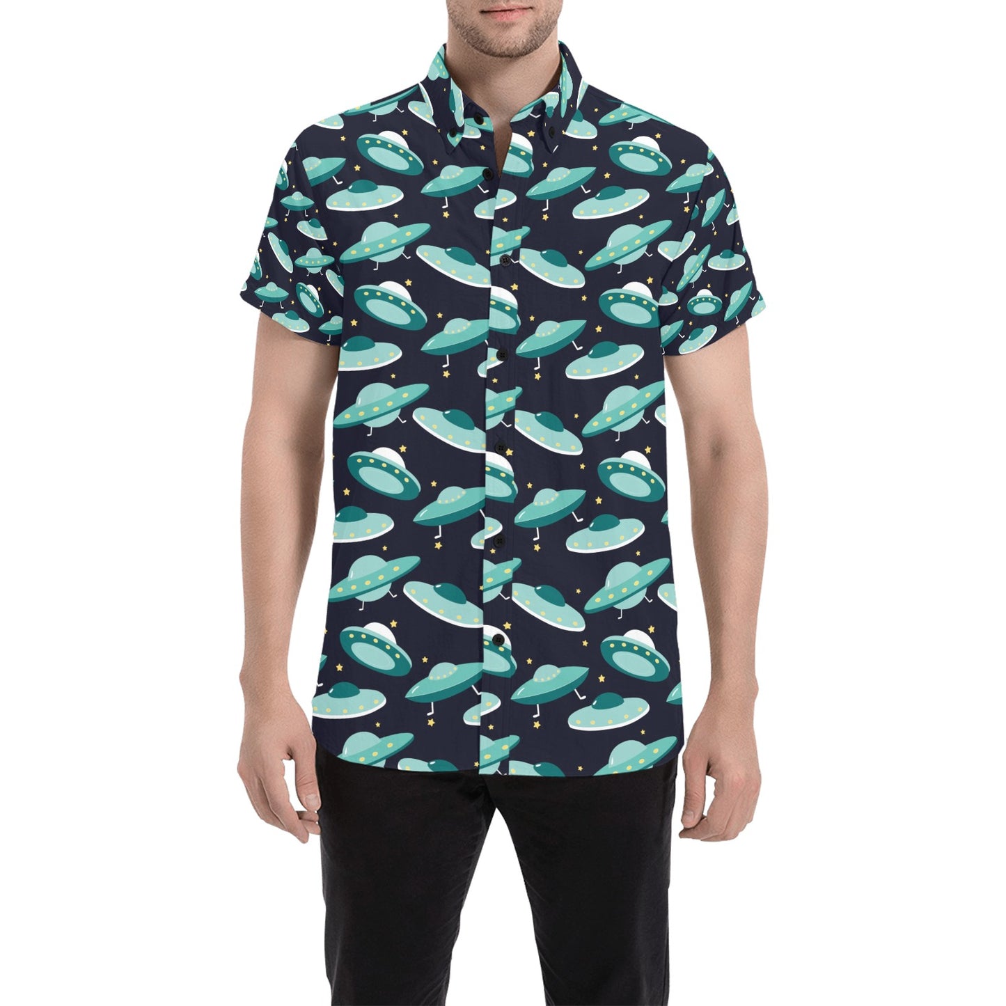UFO Print Design LKS304 Men Short Sleeve Button Up Shirt