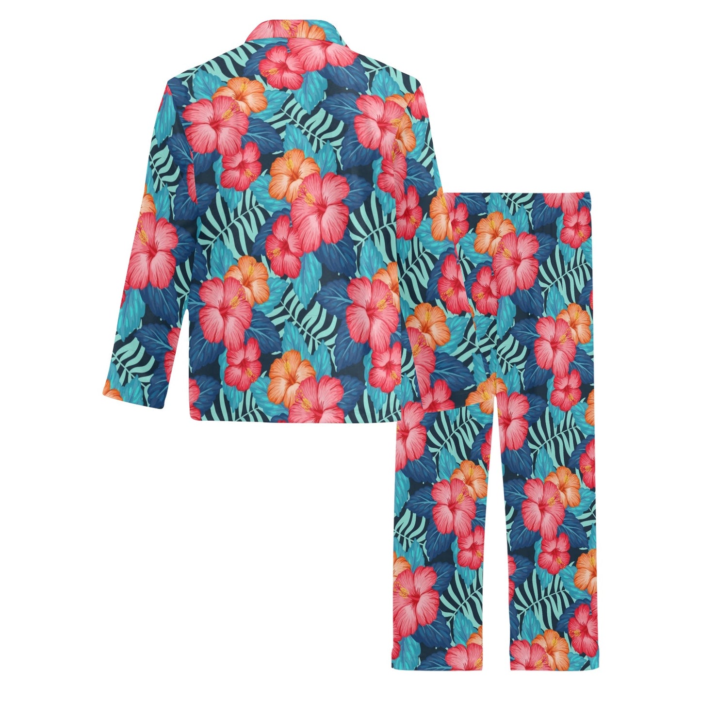 Red Hibiscus Pattern Print Design HB02 Men's Long Pajama Set