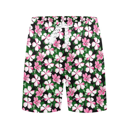 Hibiscus Pink Flower Hawaiian Print Men's Swim Trunks Beach Shorts