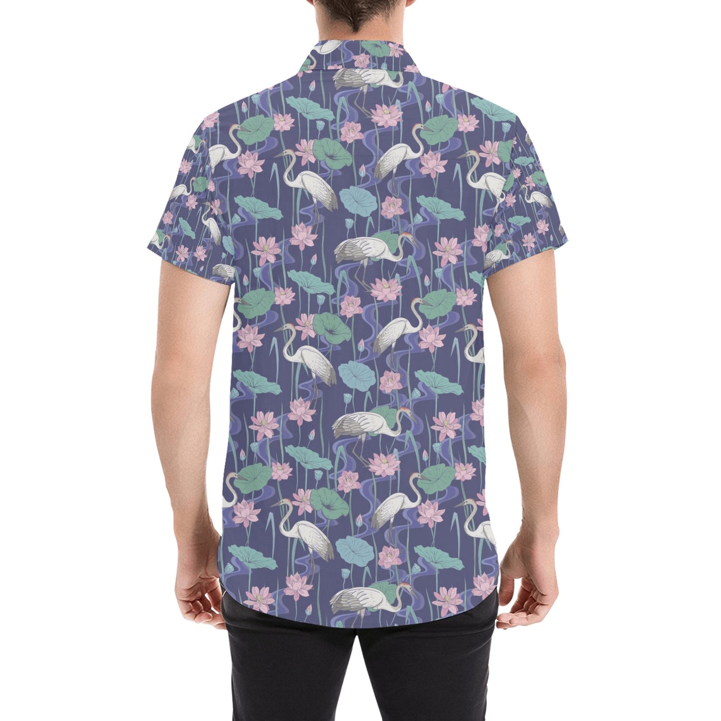 Water Lily Print Design LKS306 Men Short Sleeve Button Up Shirt