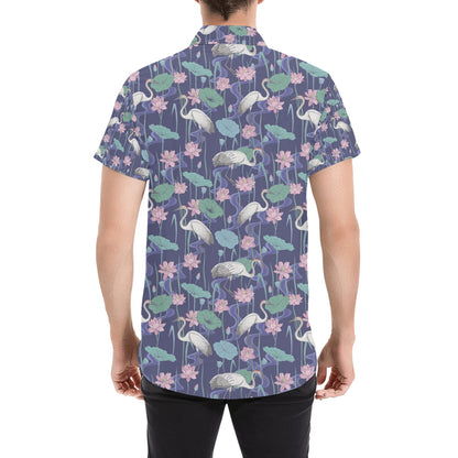 Water Lily Print Design LKS306 Men Short Sleeve Button Up Shirt