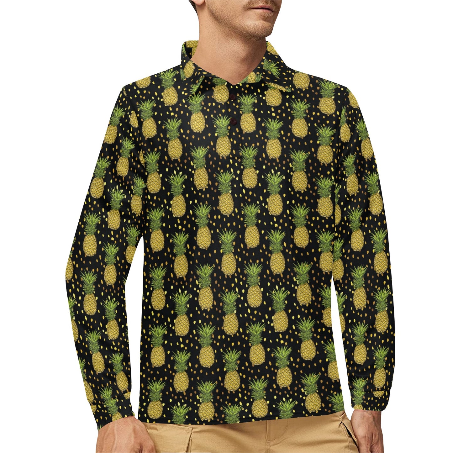 Pineapple Gold Dot Themed Print Long Sleeve Polo Shirt For Men's