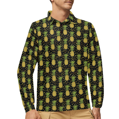 Pineapple Gold Dot Themed Print Long Sleeve Polo Shirt For Men's