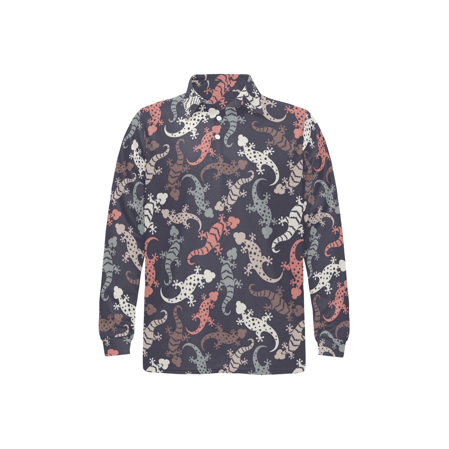 Gecko Pattern Print Design 02 Long Sleeve Polo Shirt For Men's