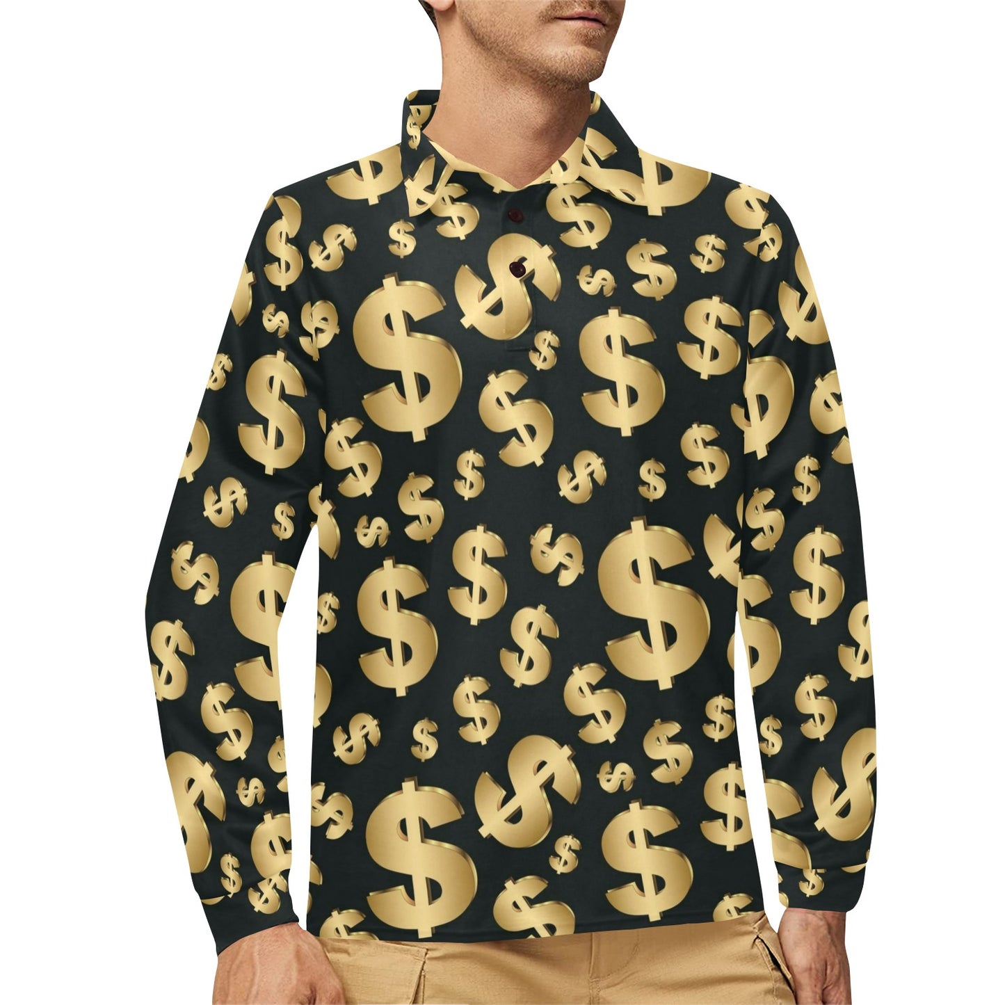 Dollar Pattern Print Design DO04 Long Sleeve Polo Shirt For Men's