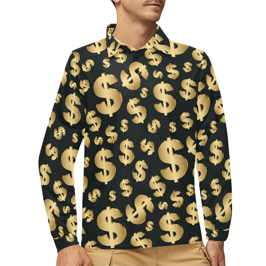 Dollar Pattern Print Design DO04 Long Sleeve Polo Shirt For Men's