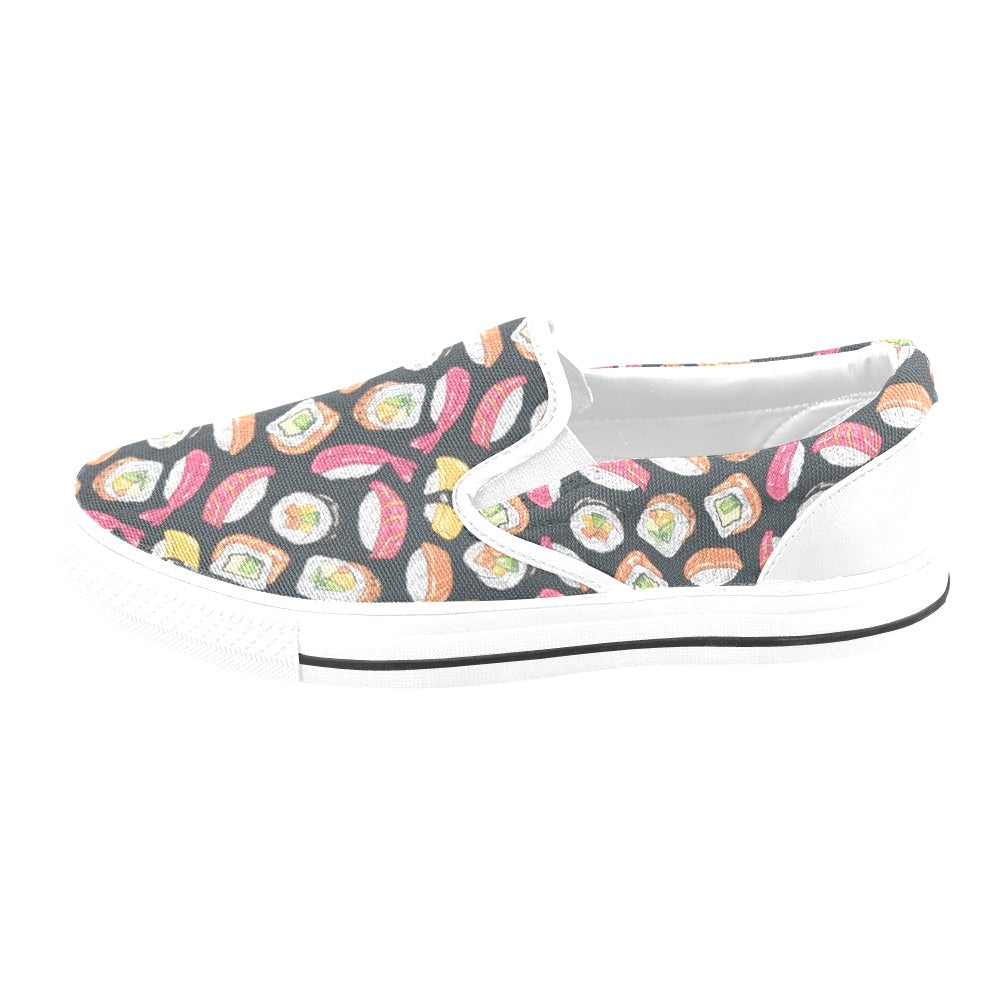 Sushi Print Design LKS306 White Slip Ons Canvas Women's Shoes