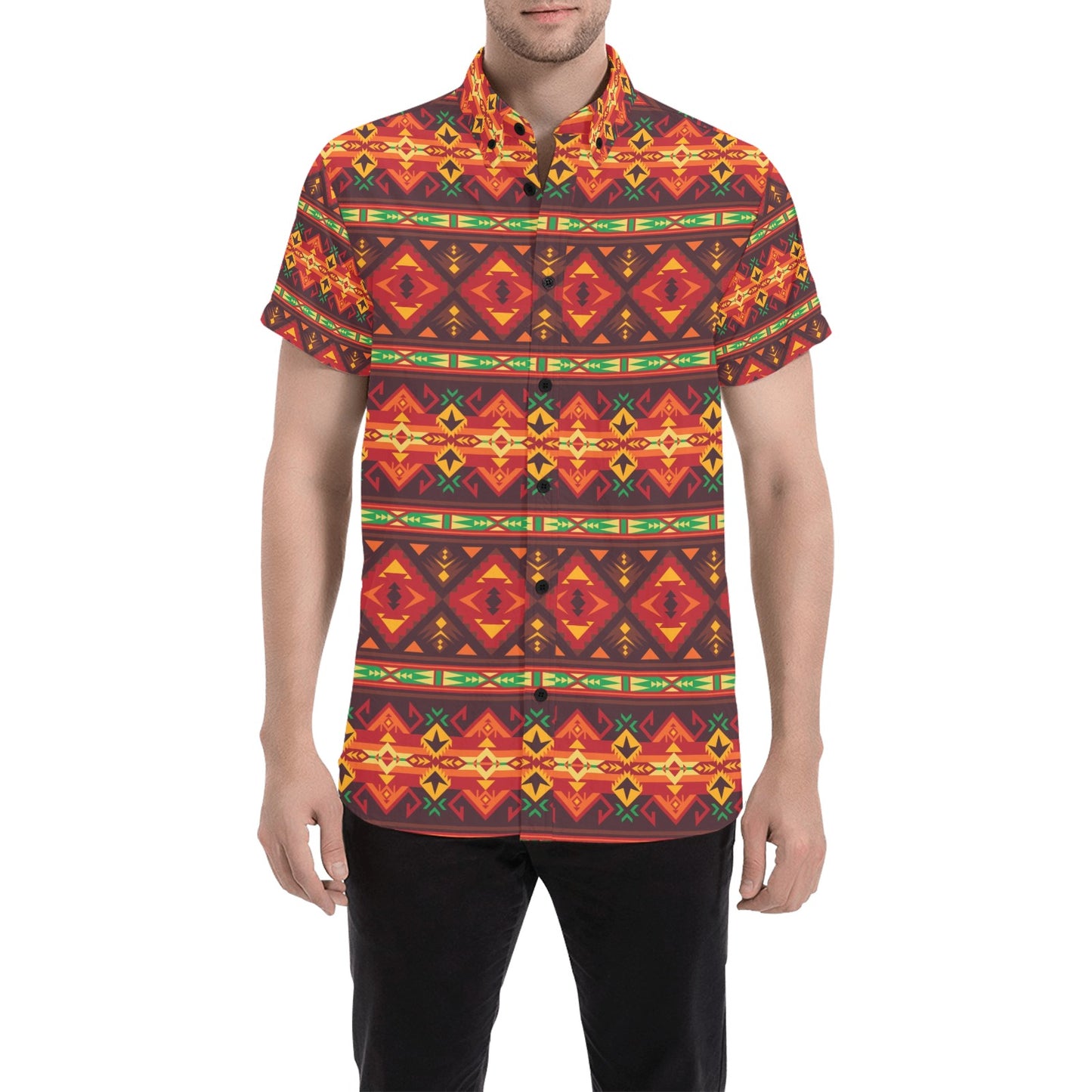 Southwest Pattern Print Design LKS309 Men Short Sleeve Button Up Shirt