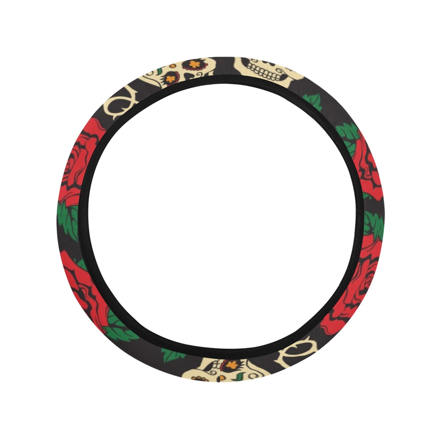 Sugar Skull Red Rose Print Design LKS301 Steering Wheel Cover with Elastic Edge