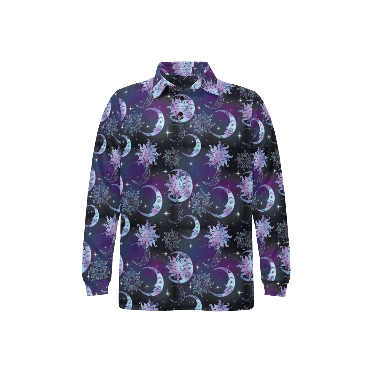 Sun Moon Print Design LKS303 Long Sleeve Polo Shirt For Men's