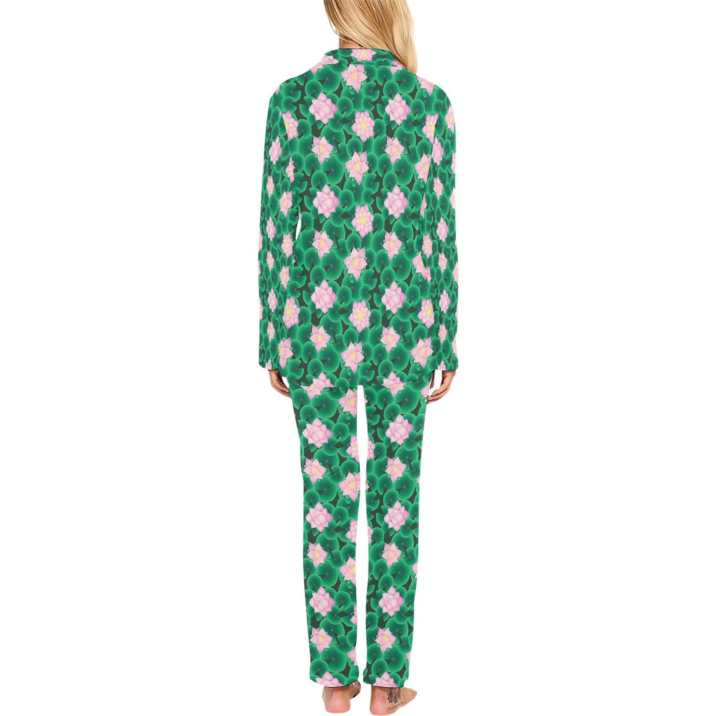 Water Lily Print Design LKS303 Women's Long Pajama Set